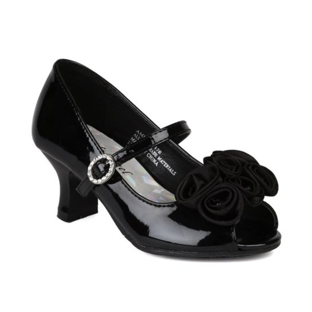 Girl Fabric Chiffon Floral Decor Peep Toe Kitty Heel - Black Patent
